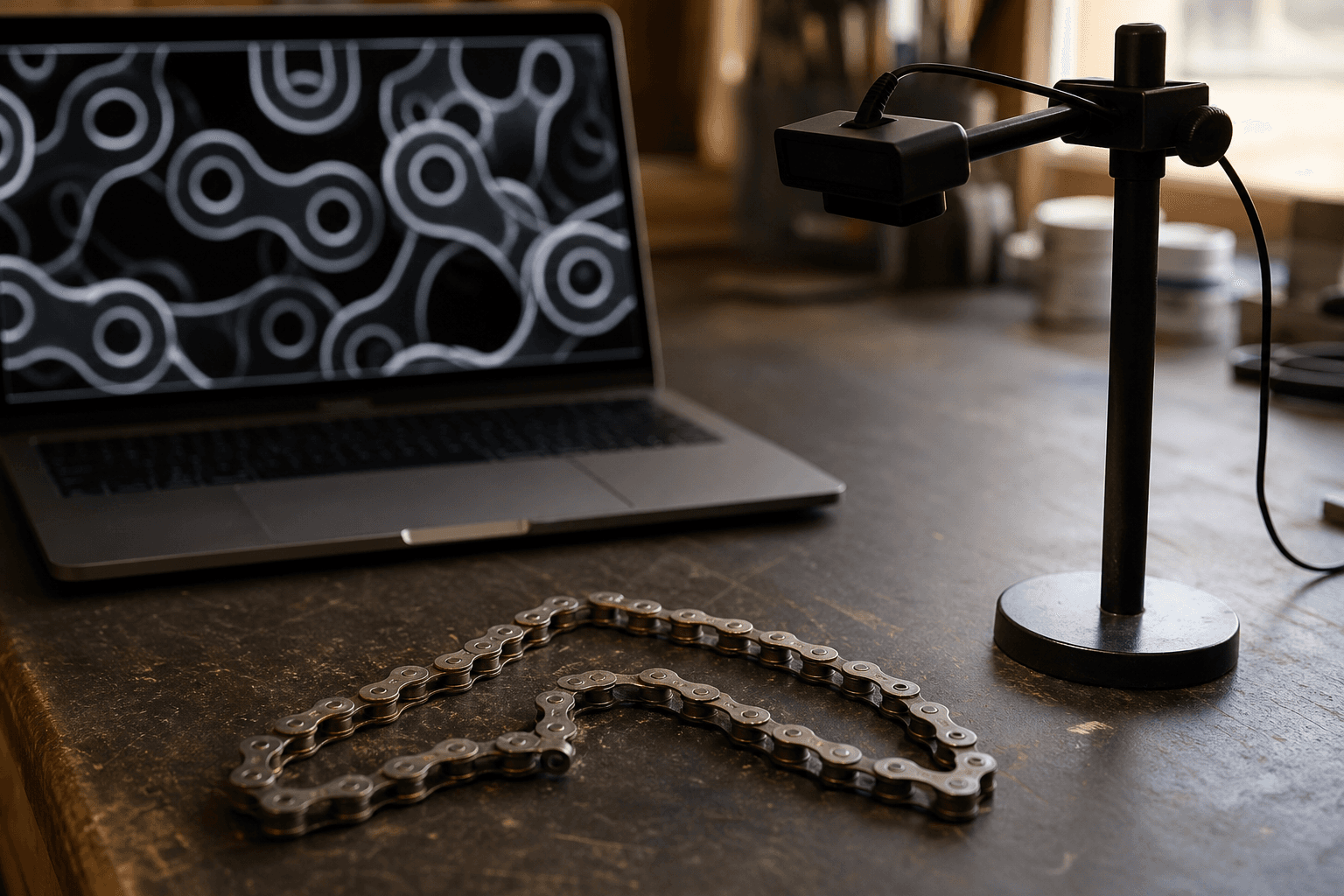 A bicycle chain beneath a camera beside a laptop showing abstract link outlines