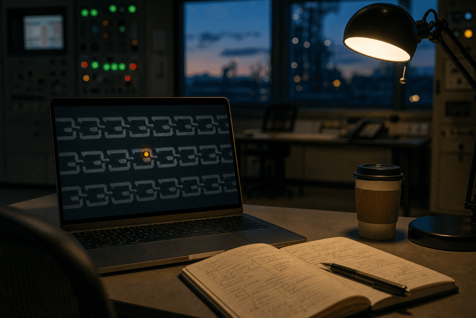 A laptop in a quiet control room at dusk showing an abstract sequence of chain-link shapes with one anomaly