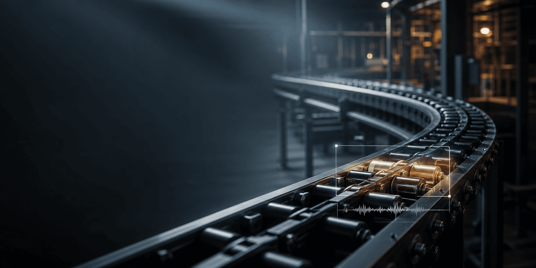 A generic industrial conveyor chain with a subtle computer-vision overlay